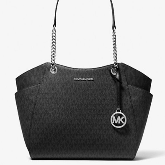 Michael Kors Large Logo Shoulder Bag with Fur Puff Bag Charm - Picture 1 of 13